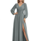 A-Line Mother of Bride Dress V-Neck Chiffon Gown Long Sleeves Slit Formal Dress