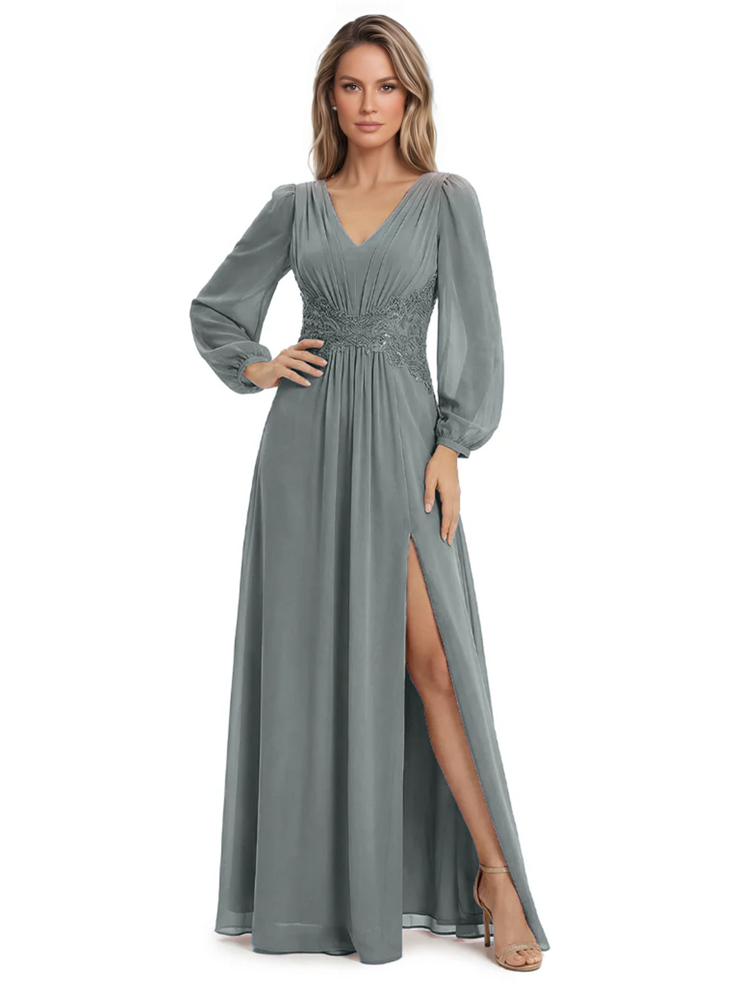 A-Line Mother of Bride Dress V-Neck Chiffon Gown Long Sleeves Slit Formal Dress