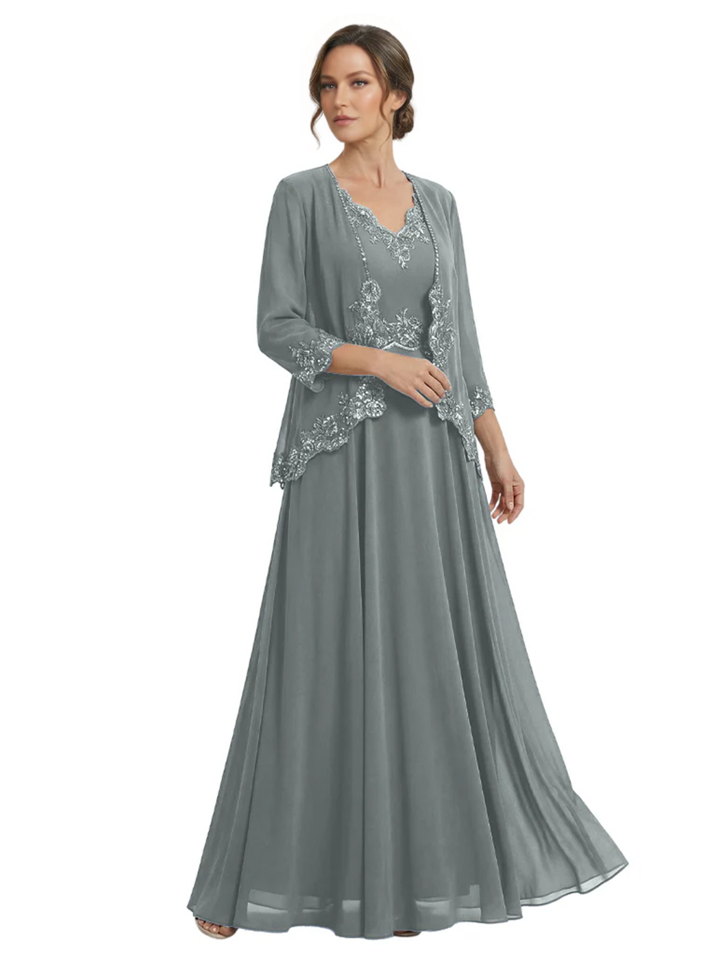 Plus Size A-line Chiffon 3/4 Sleeves Mother of the Brides Dresses Long Jacket Dress