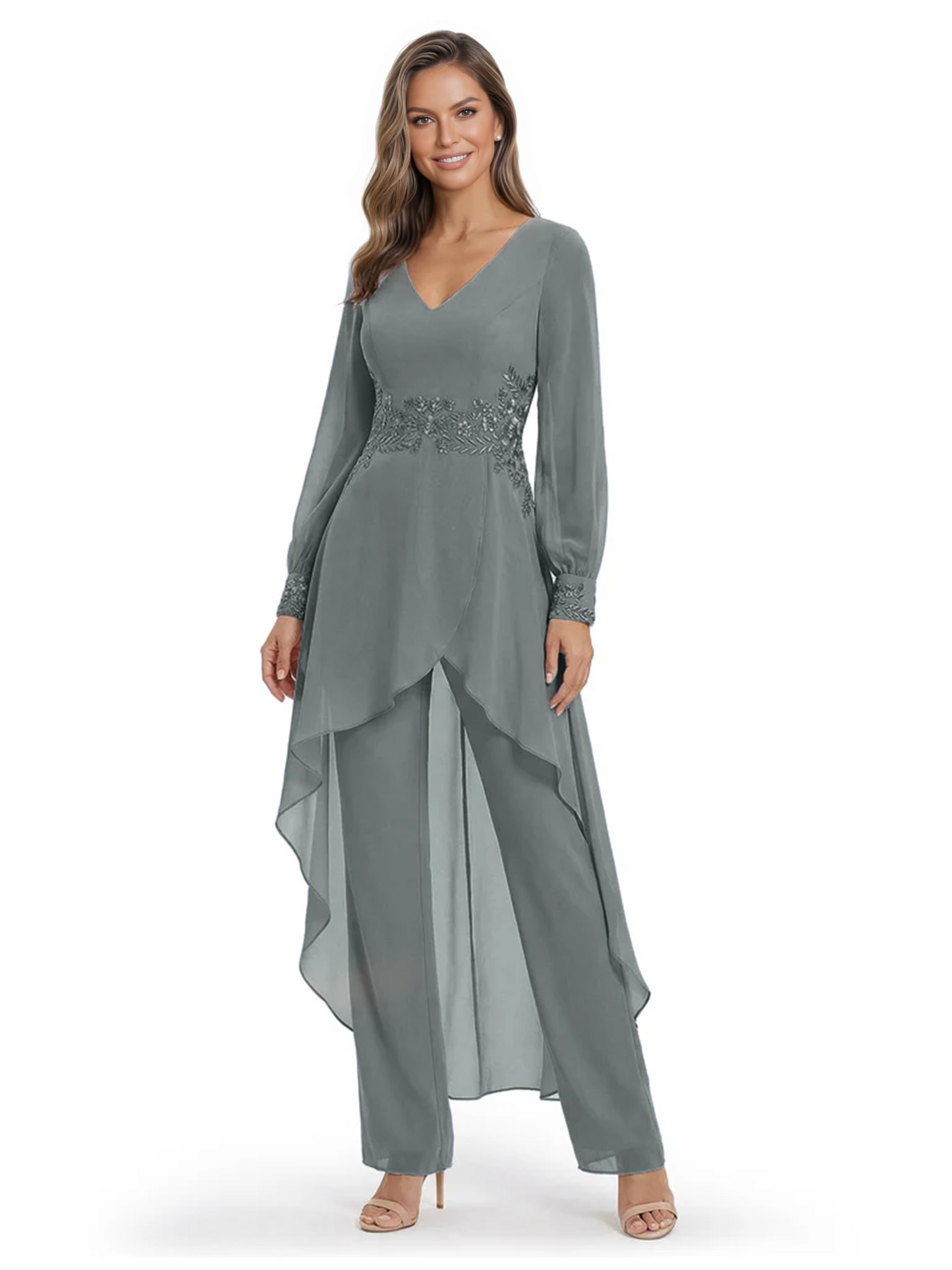 Luxury Black Formal Trousers Set High-Low Chiffon Top with Sparkling Beaded Detail