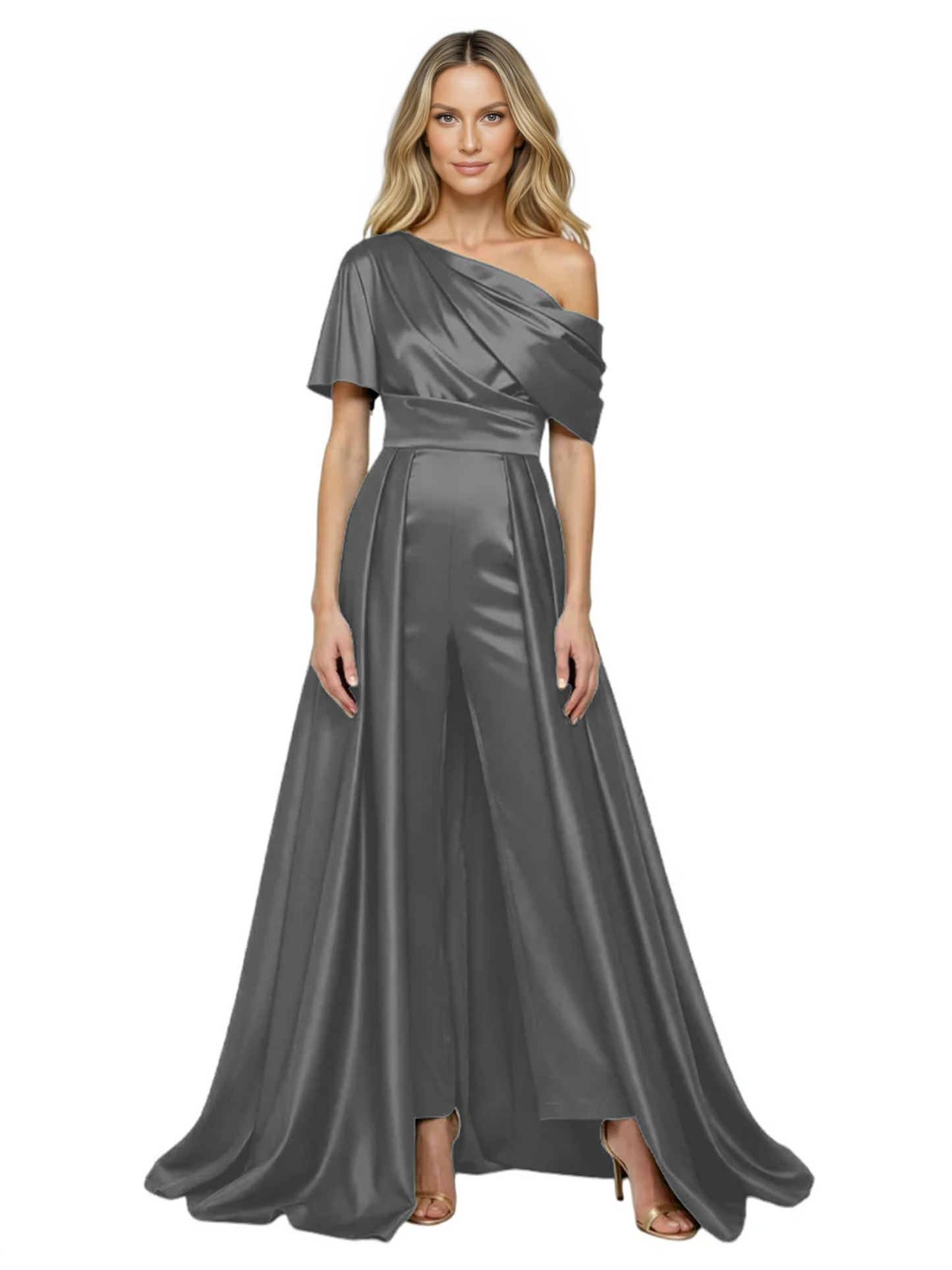 One Shoulder Mother of Bride jumpsuits Formal Gowns Floor Length Detachable Train