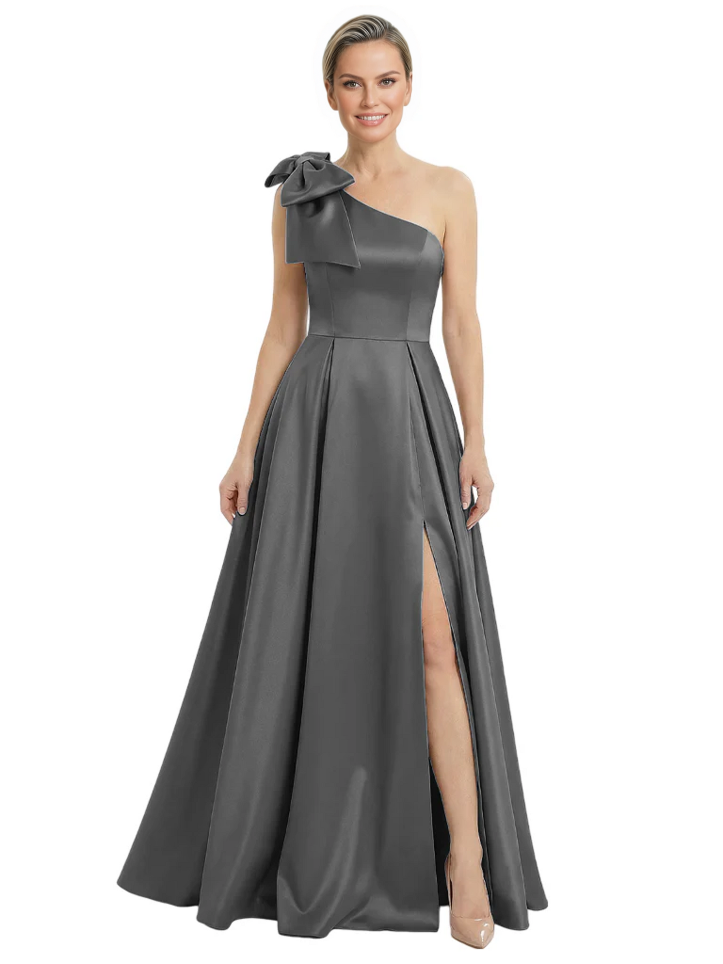 Luxury Bow Black Formal Dress One-Shoulder A-Line Gowns with Sexy Side Slit 2026