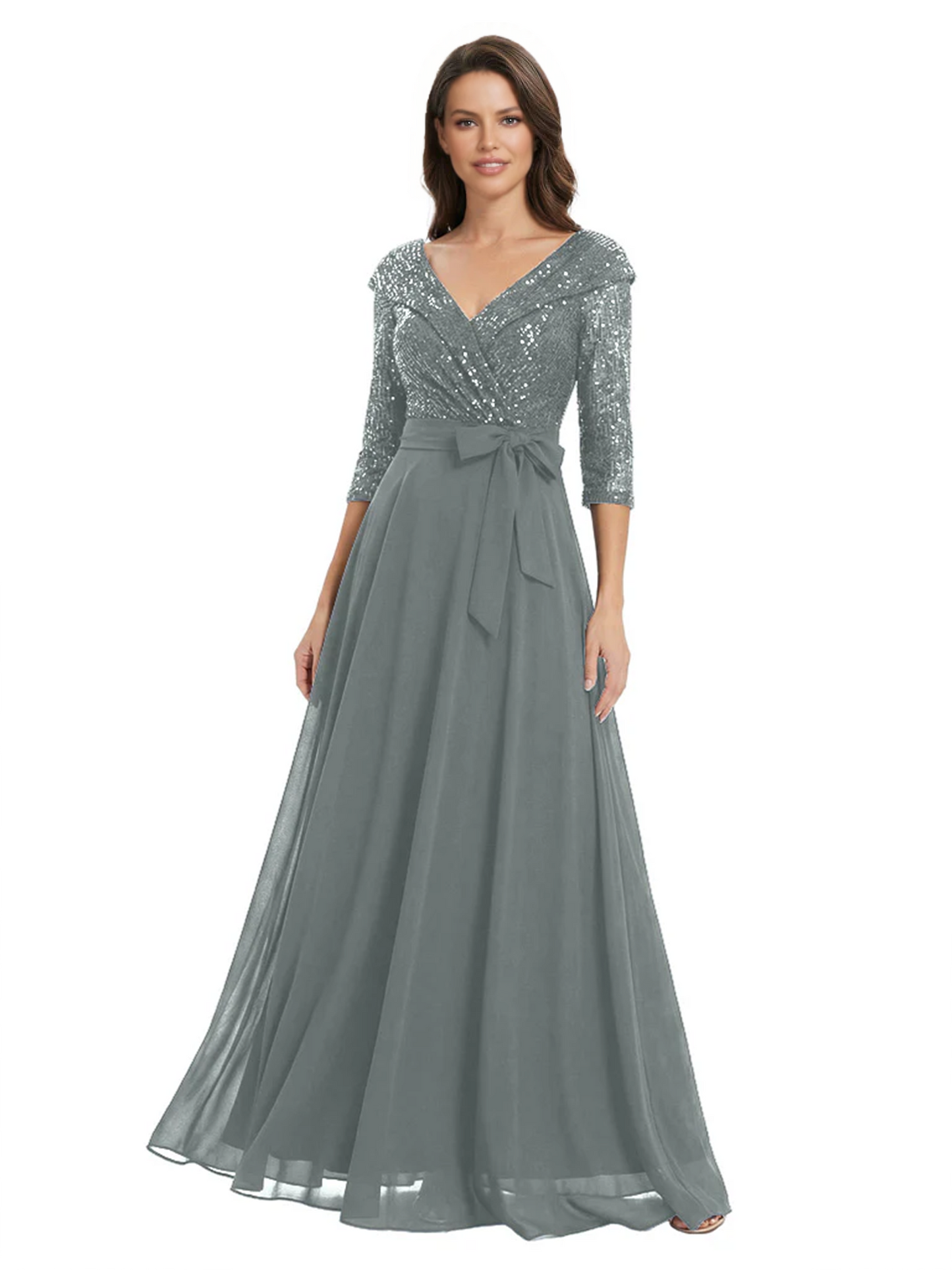 Chiffon Mother of the Bride Dress with Sequin V-Neck and Elegant Bow Sash