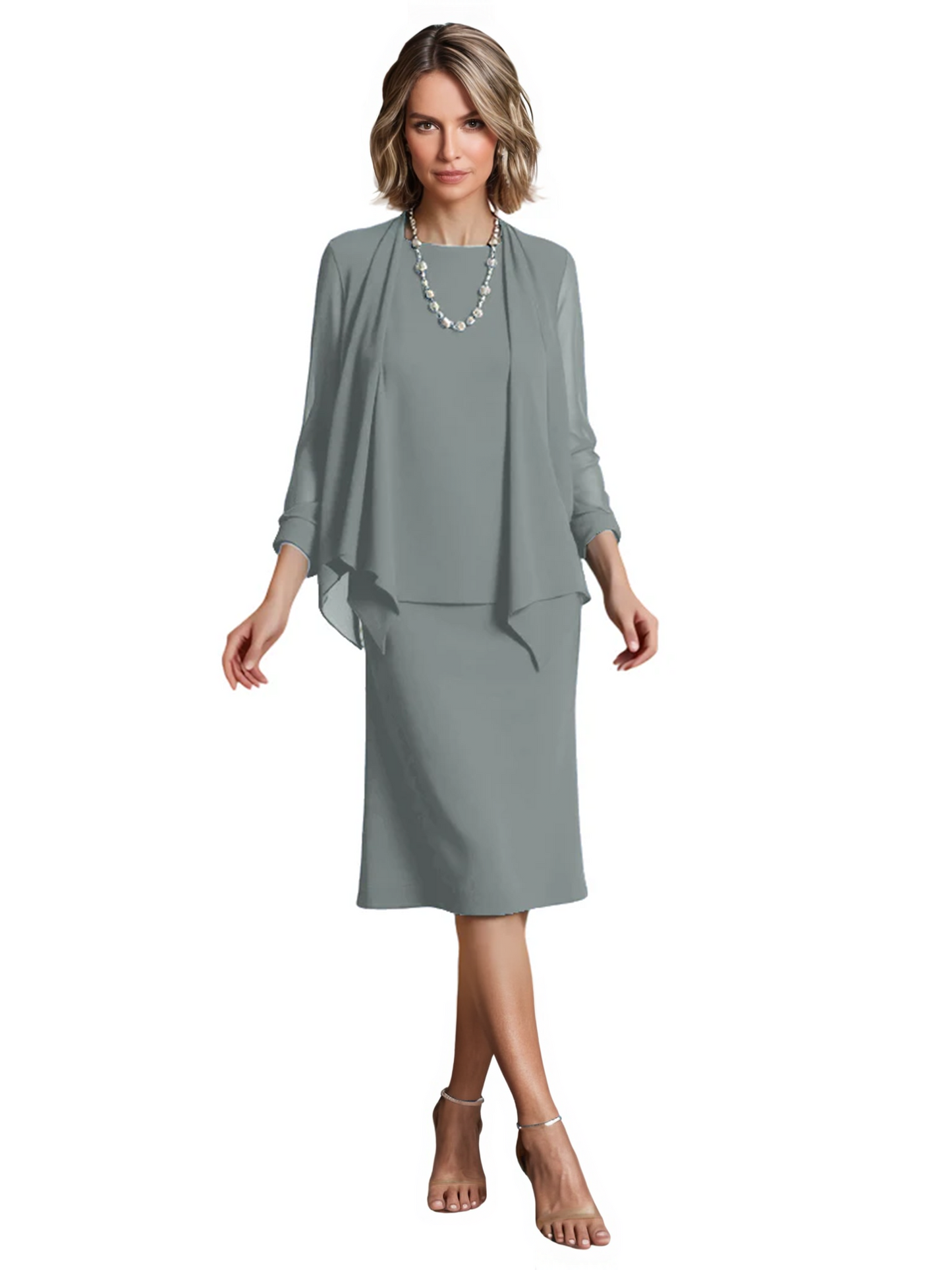 3 PCS Knee-Length Mother of Bride Dresses Prom Dress Evening Dress with Sheer Sleeves and Jacket