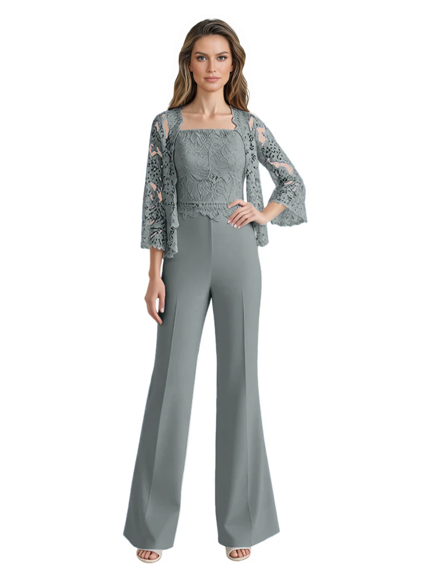 Mother of the Bride Jumpsuit with Lace Jacket 3/4 Sleeve Formal Pant Suit