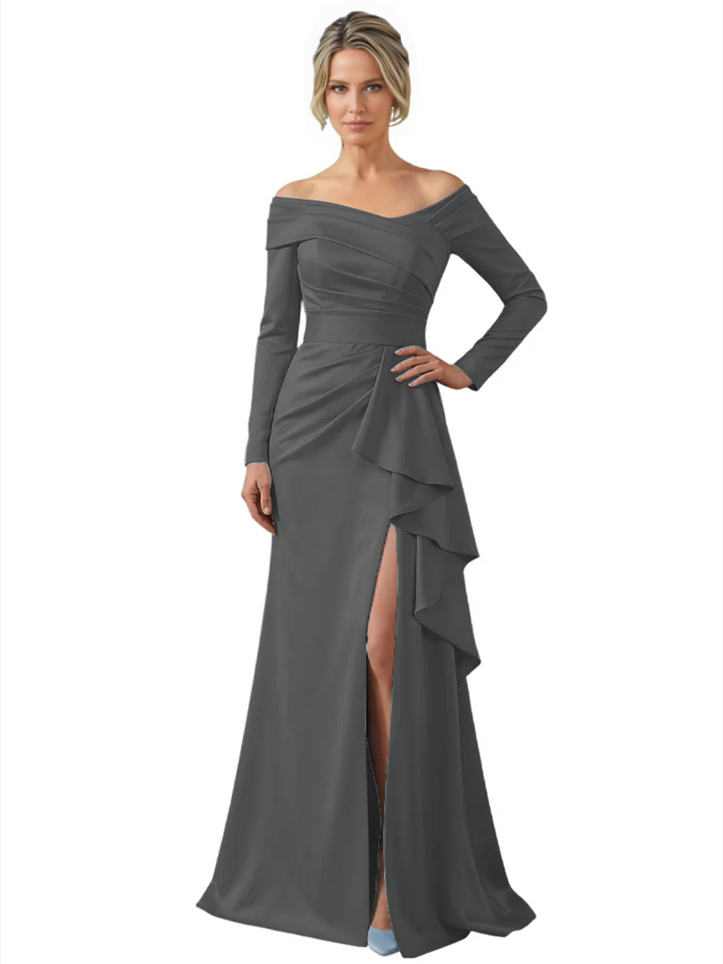 Elegant Mother of the Groom Dress Cascading Ruffle Satin Gown with High Slit Long Sleeves