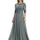 Illusion Neck Mother of the Bride Dress Half Sleeve Lace Applique Gowns Chiffon