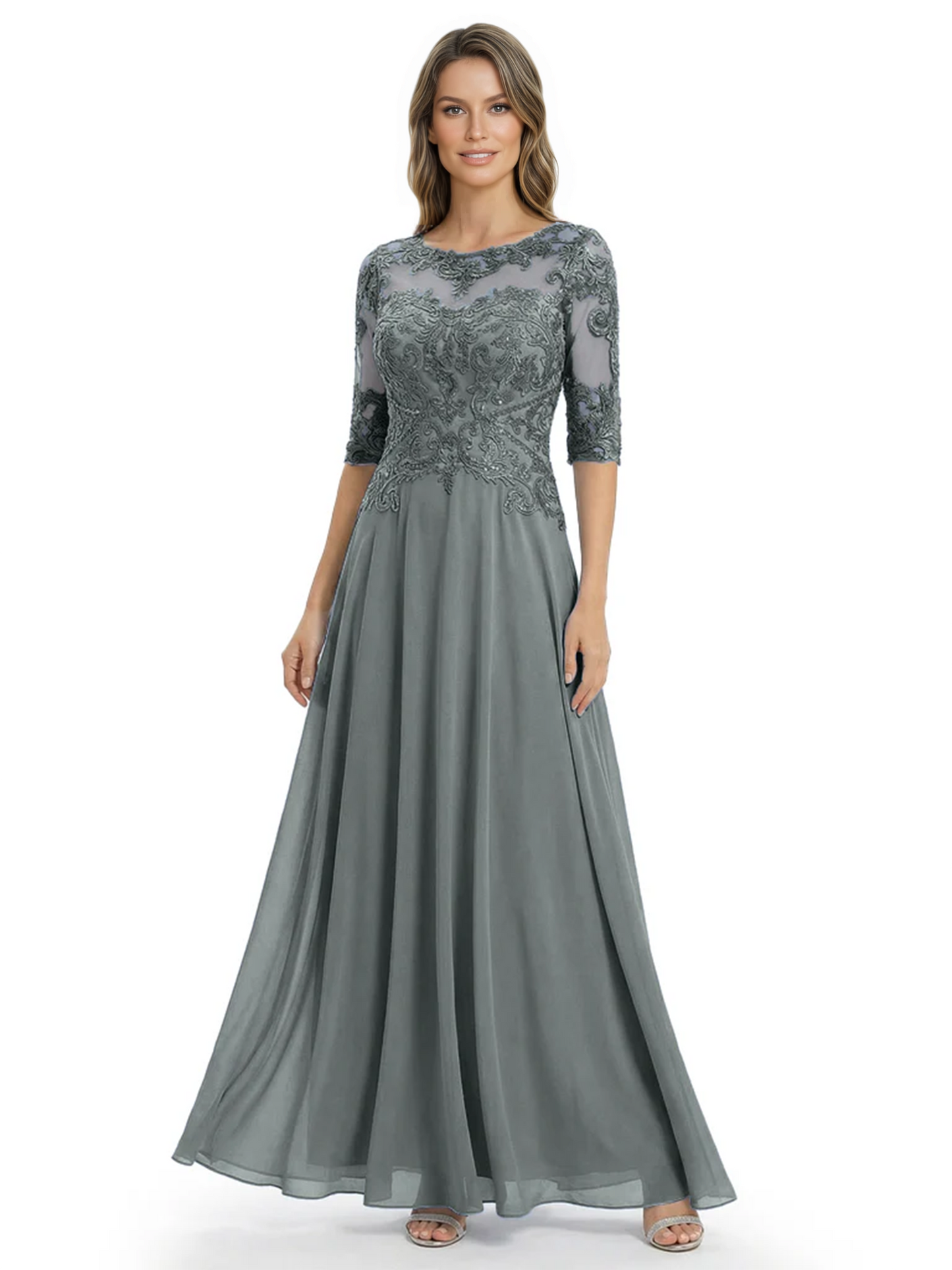 Illusion Neck Mother of the Bride Dress Half Sleeve Lace Applique Gowns Chiffon