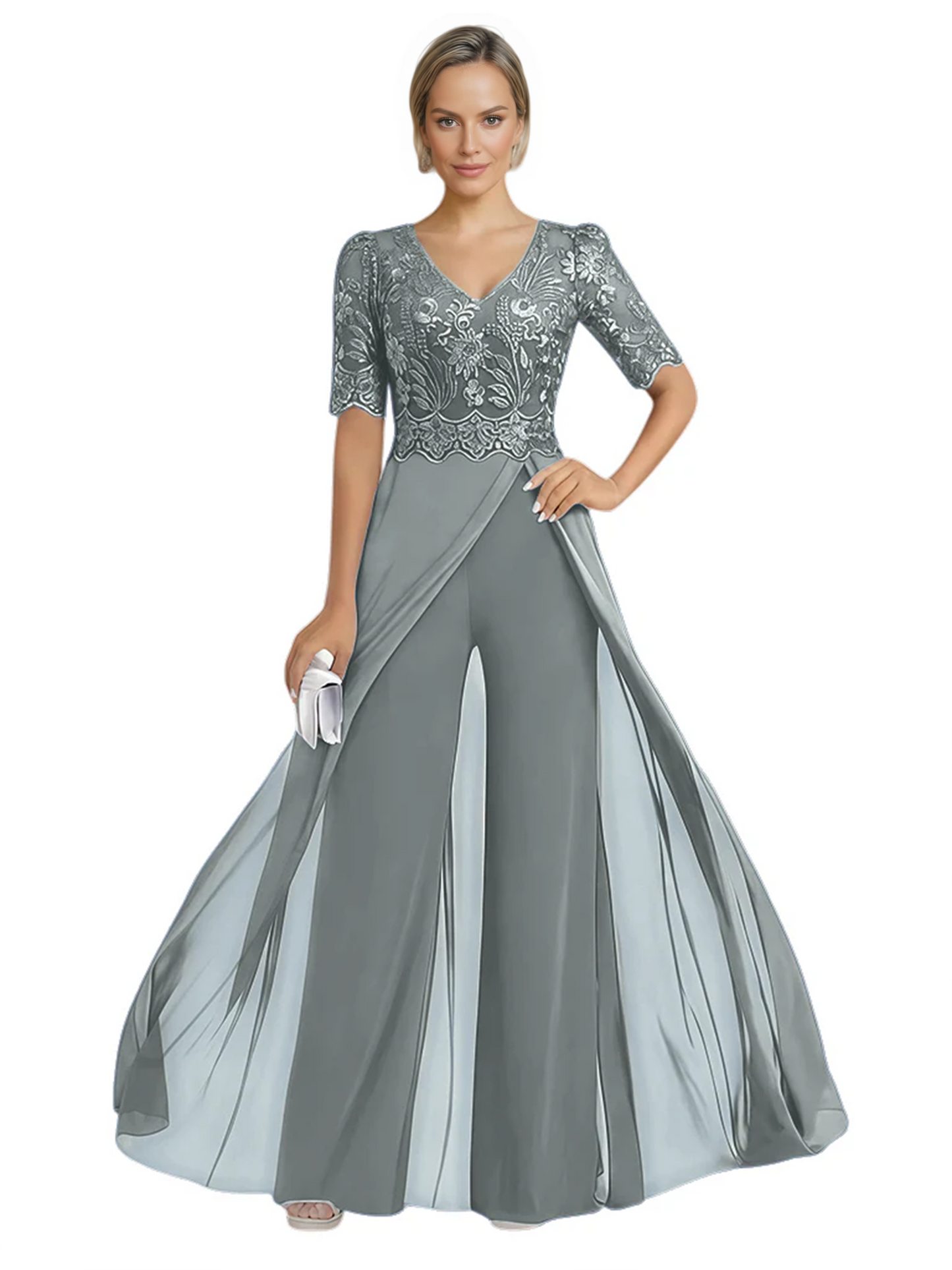 V-Neck Chiffon Mother of the Brides Jumpsuits Dresses Floor Length A-Line Lace