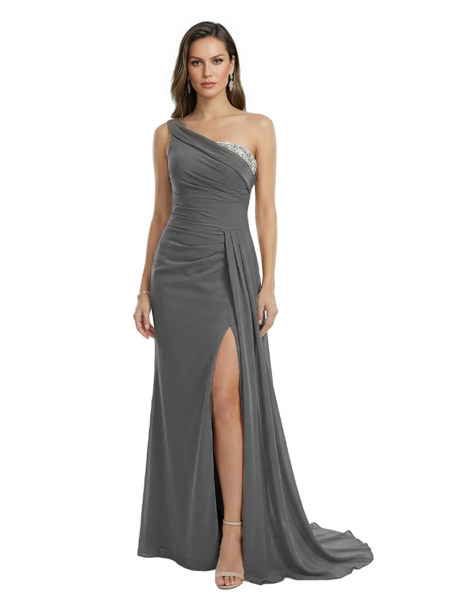 One Shoulder Mother of Bride Dress Ruffle Formal Gowns Mermaid Floor Length Train Slit