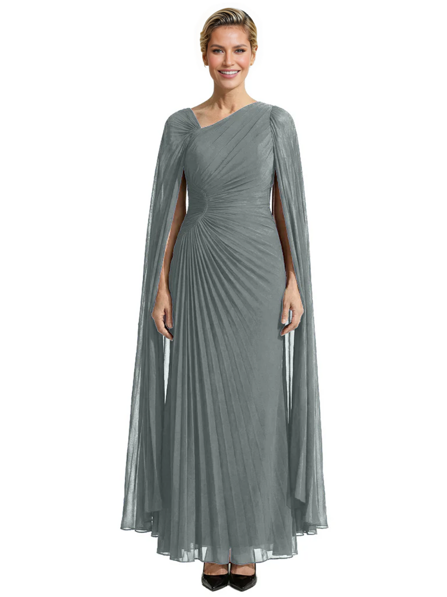 Elegant Asymmetric Neck Long A-Line Chiffon Mother of the Brides Dresses Mom Outfit with Cape