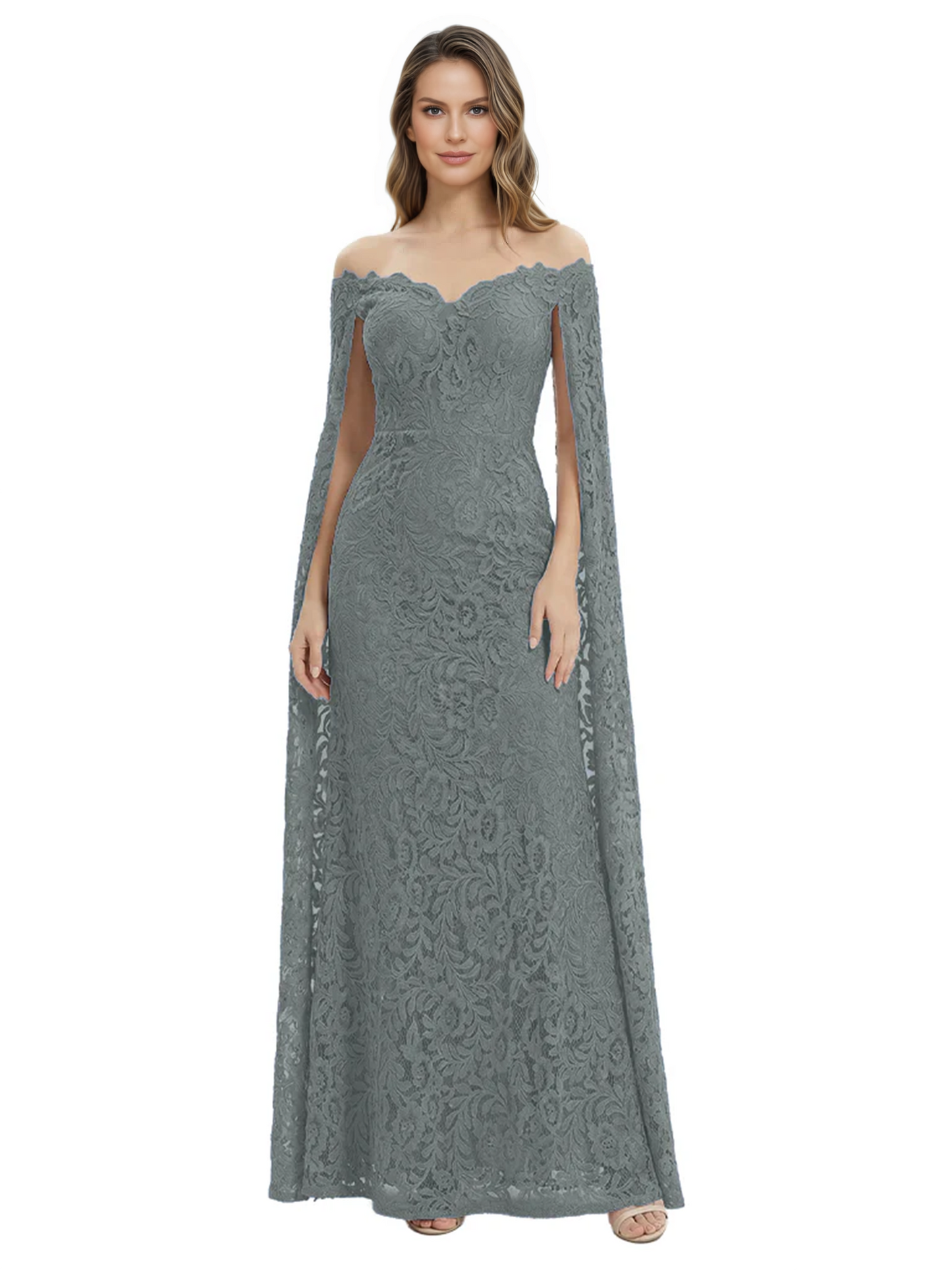 Elegant Mother of the Groom Gown Floral Lace Embroidered Formal Dress with Cape