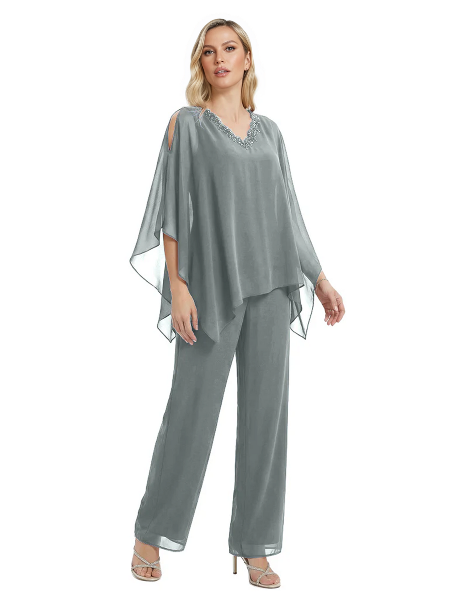 V-Neck Chiffon Mother of the Brides Dresses Plus Size Jacket Suits Wedding