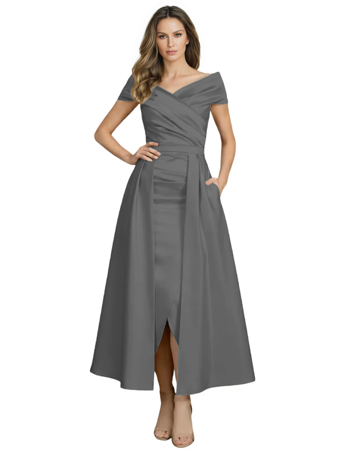 Formal Floor-Length Mother of the Bride Gown Satin Maxi Dress with Slit Off Shoulder