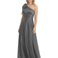 One-Shoulder Mother of the Bride Dress Satin Gown with Bow Ruched Empire Waist