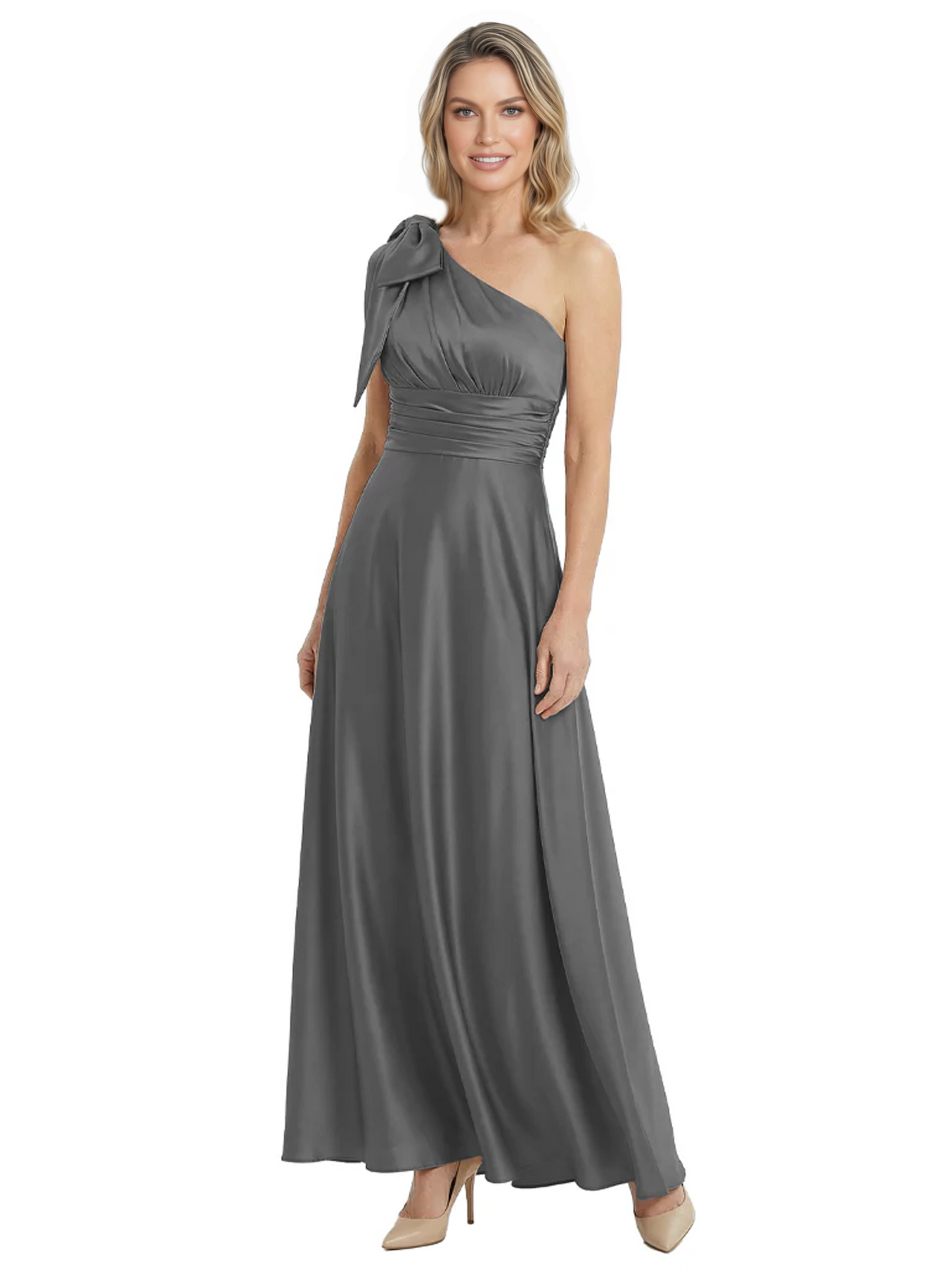 One-Shoulder Mother of the Bride Dress Satin Gown with Bow Ruched Empire Waist
