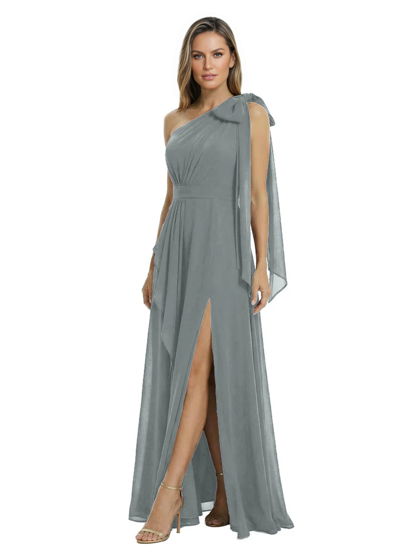 One-Shoulder Mother of the Bride Dress Chiffon Gown with Long Sash Detail