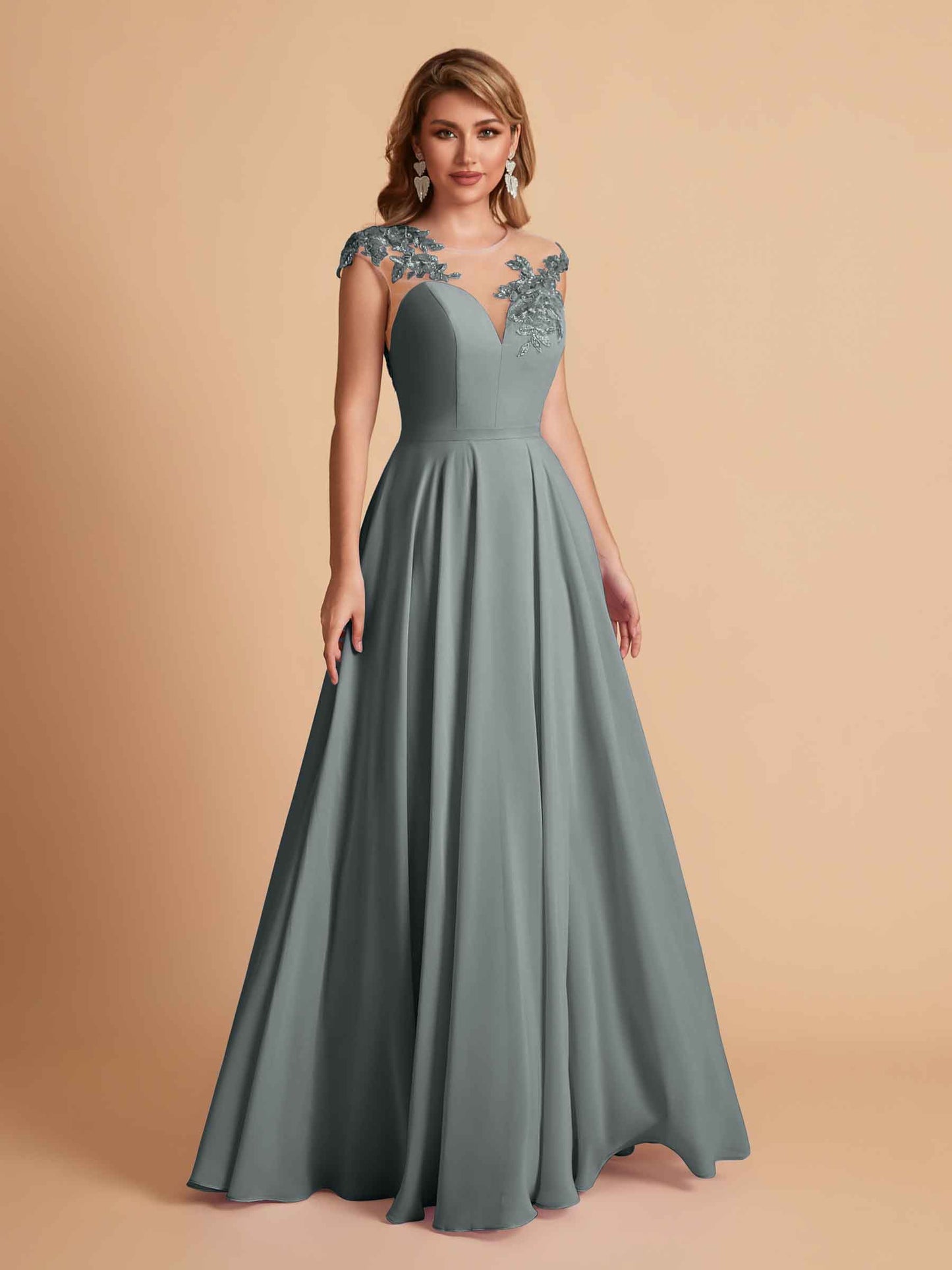 Chiffon Illusion Lace Top A-line Bridesmaid Dresses V-neck Floor Length Wedding Guest Dresses