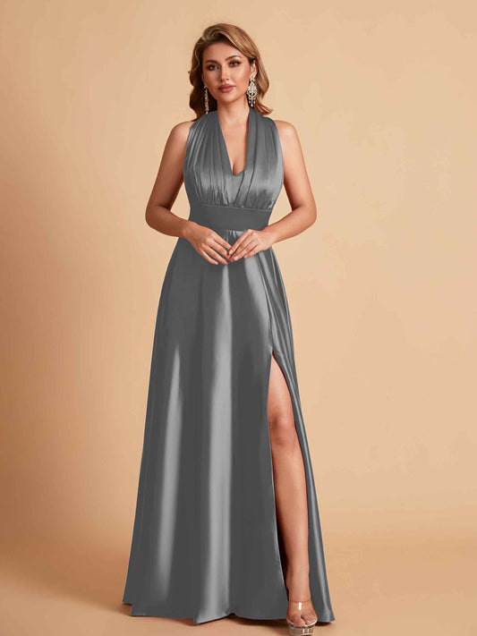 Sexy Satin A-line Convertible Side Slit Maxi Long Bridesmaid Dresses Online