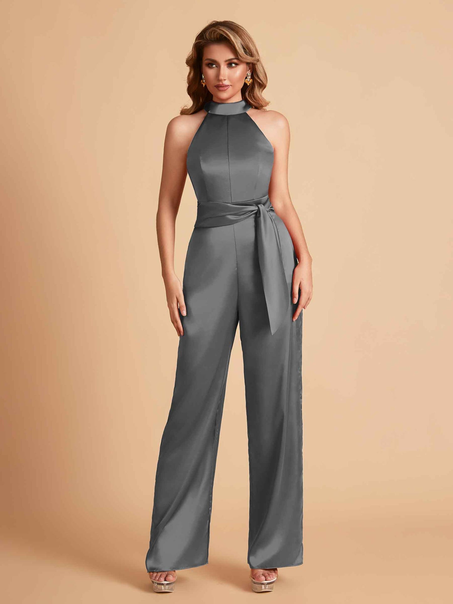 Elegant Satin Halter Sleeveless Satin Floor Length Bridesmaid Jumpsuit