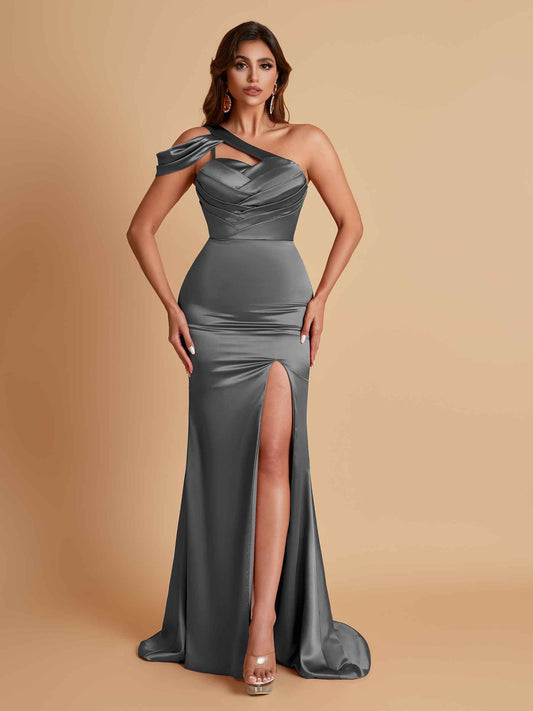 Elegant Soft Satin Sweetheart One Shoulder Side-Slit Mermaid Bridesmaid Dresses