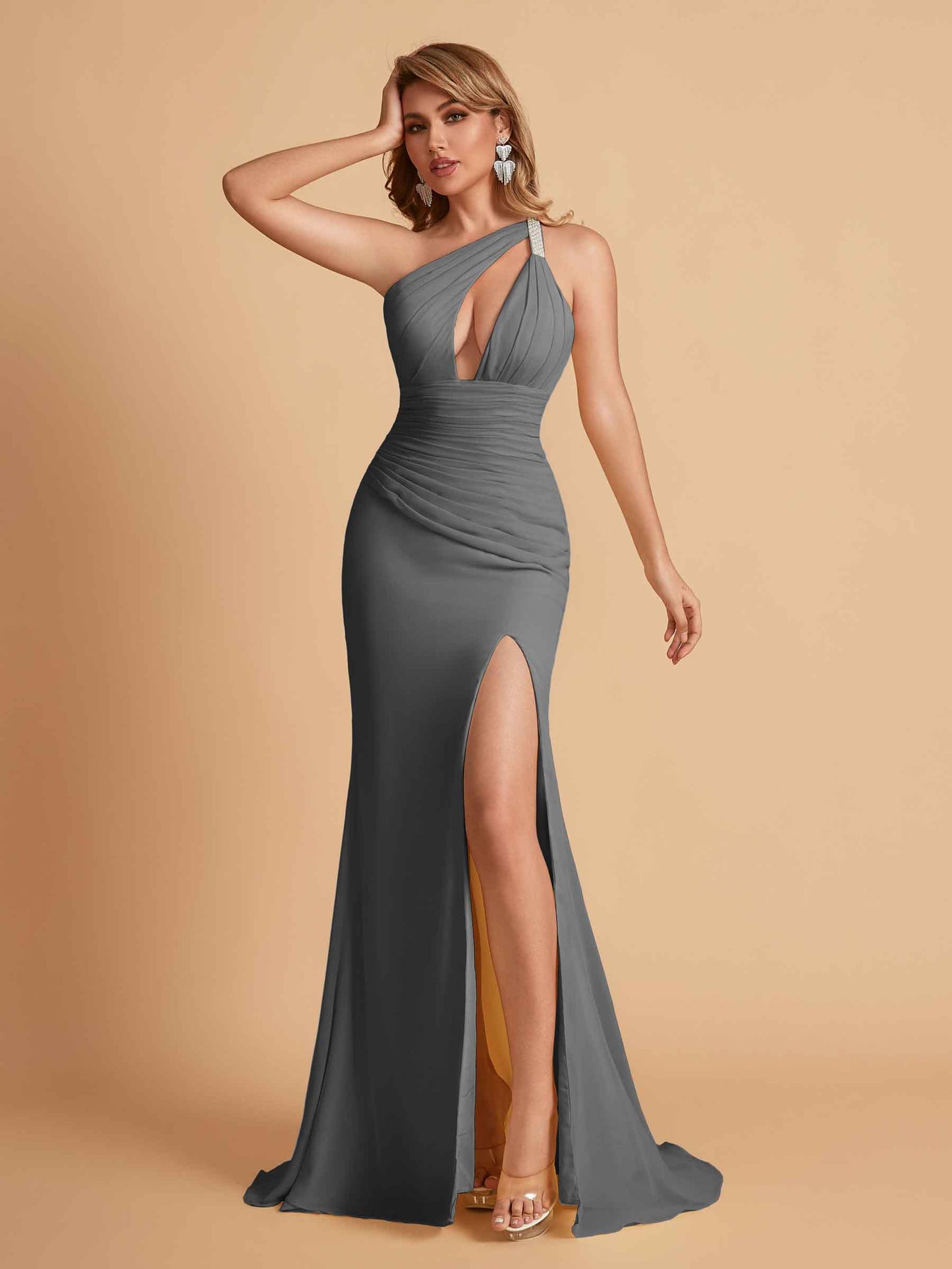 Sexy Mermaid One Shoulder Key Hole Bridesmaid Dresses Floor Length Bridal Party Dresses