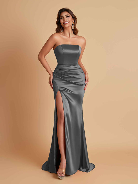 Elegant Soft Satin Strapless Split Side Mermaid Bridesmaid Dresses