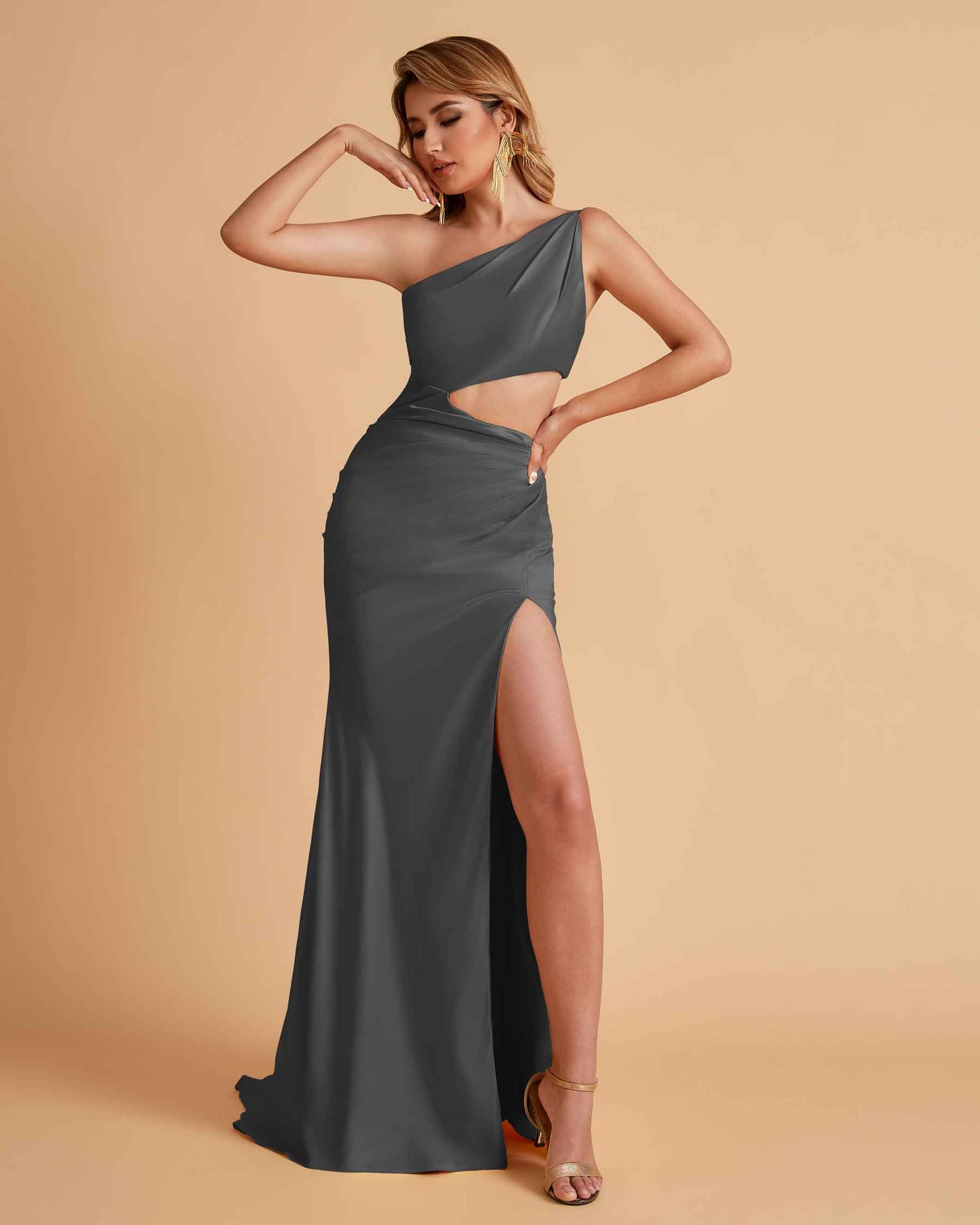 Sexy One-Shoulder Waist Cutout With High Split Floor-Length Bridesmaid Dresses