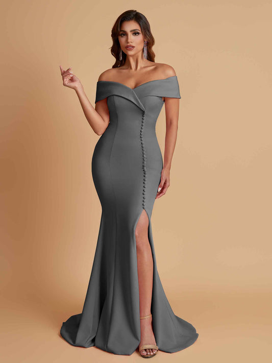 Elegant Soft Satin Mermaid Off Shoulder Side Slit Floor-Length Bridesmaid Dresses