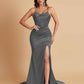 Sexy Spaghetti Straps V Neck Soft Satin Side Slit Floor-Length Mermaid Bridesmaid Dresses