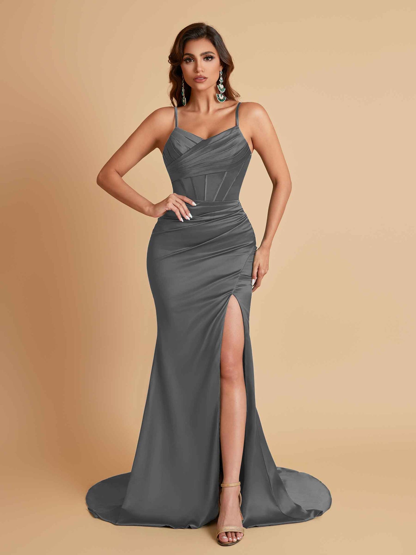 Sexy Spaghetti Straps V Neck Soft Satin Side Slit Floor-Length Mermaid Bridesmaid Dresses