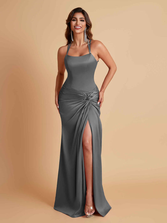 Gorgeous Square Criss Cross Soft Satin Side Slit Floor-Length Mermaid Bridesmaid Dresses