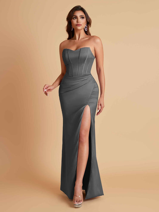 Sexy Strapless Soft Satin Side Slit Floor-Length Mermaid Bridesmaid Dresses