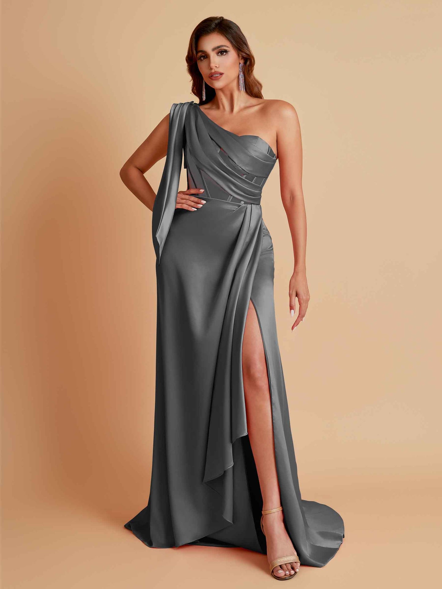 Sexy Soft Satin Mermaid One Shoulder Asymmetrical Side Slit Floor-Length Bridesmaid Dresses