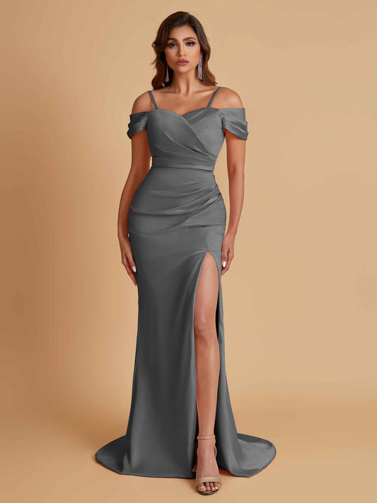 Sexy Soft Satin Mermaid Cold Shoulder Side Slit Floor-Length Bridesmaid Dresses Online