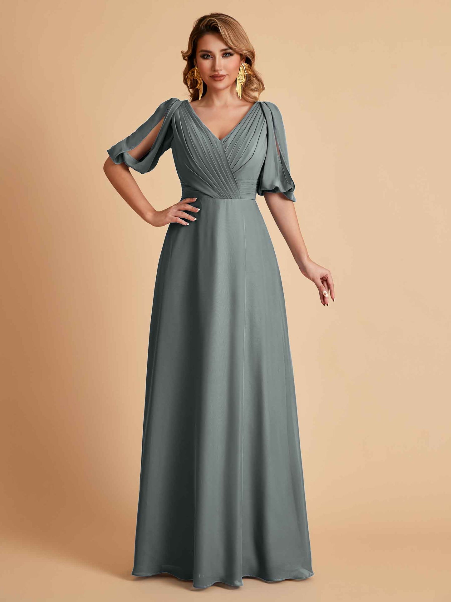 Elegant A-Line Chiffon Half Sleeves V-Neck Mother of the Brides Dresses Online