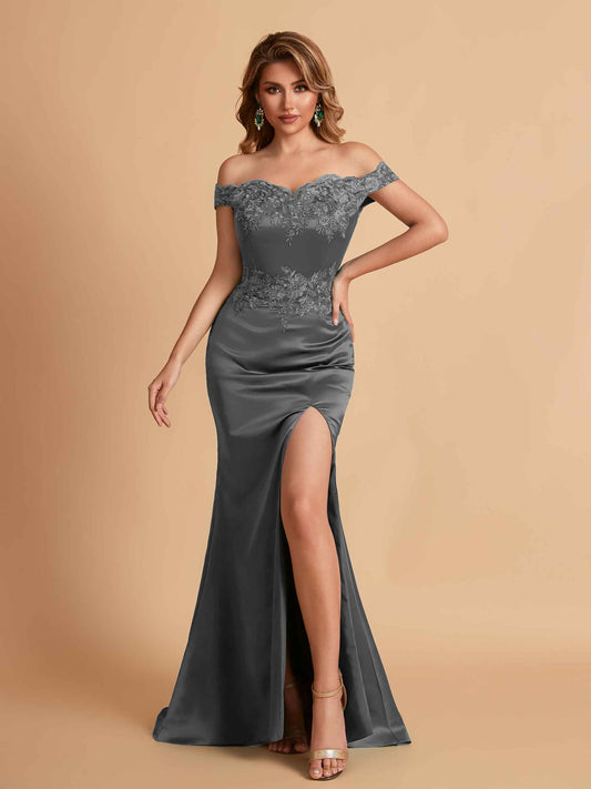 Elegant Satin Off Shoulder Mermaid Side Slit Floor Length Bridesmaid Dresses