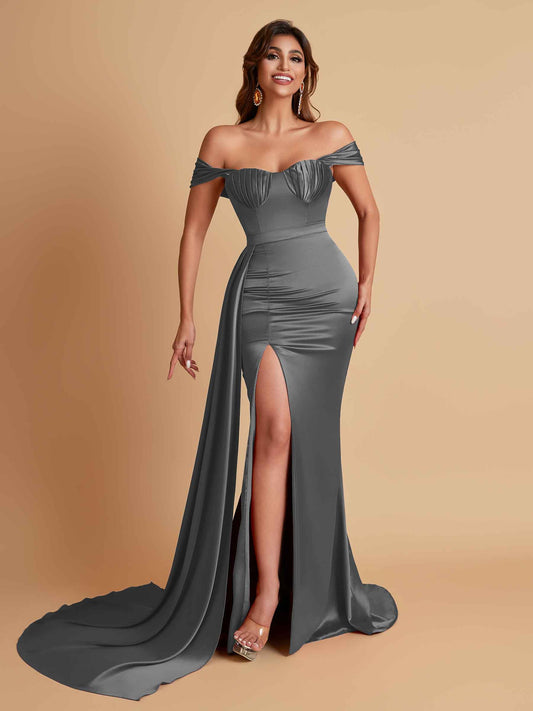Sexy Soft Satin Sweetheart Off-the-shoulder Strapless Side-Slit Mermaid Bridesmaid Dresses