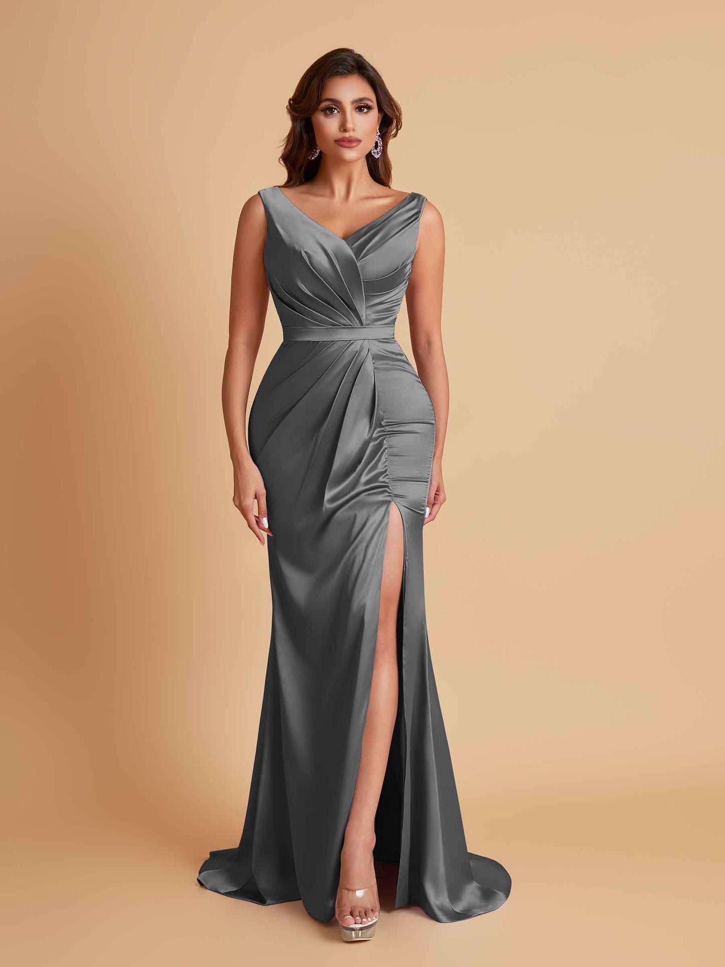 Elegant V Neck Soft Satin Side Slit Floor-Length Mermaid Bridesmaid Dresses