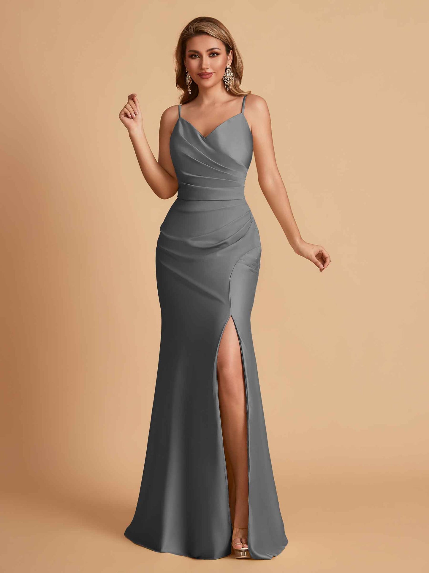 Elegant Satin Spaghetti Straps Mermaid Side Slit Floor Length Bridesmaid Dresses