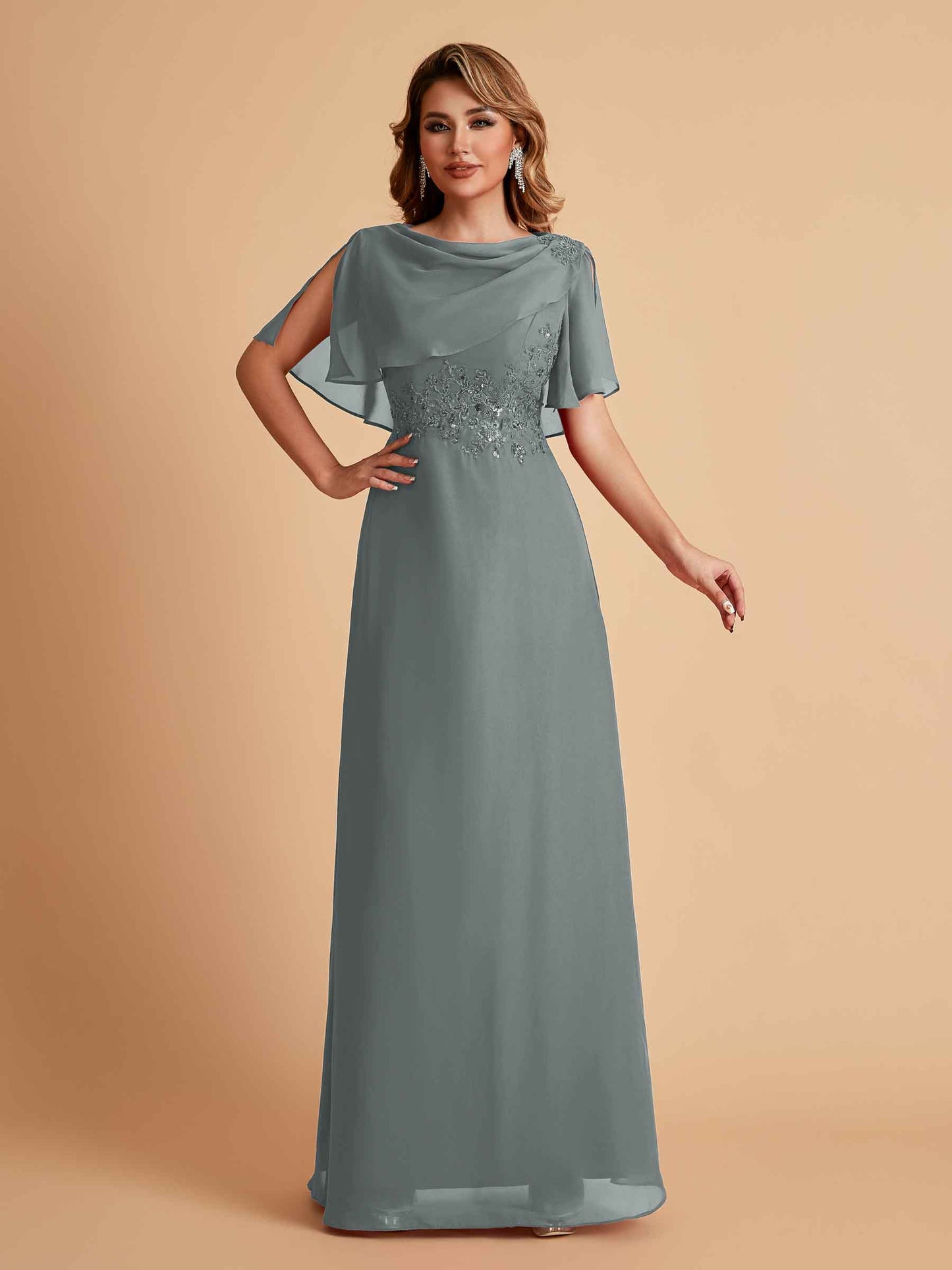 Elegant A-Line Chiffon Half Sleeves Jewel Mother of the Brides Dresses Online