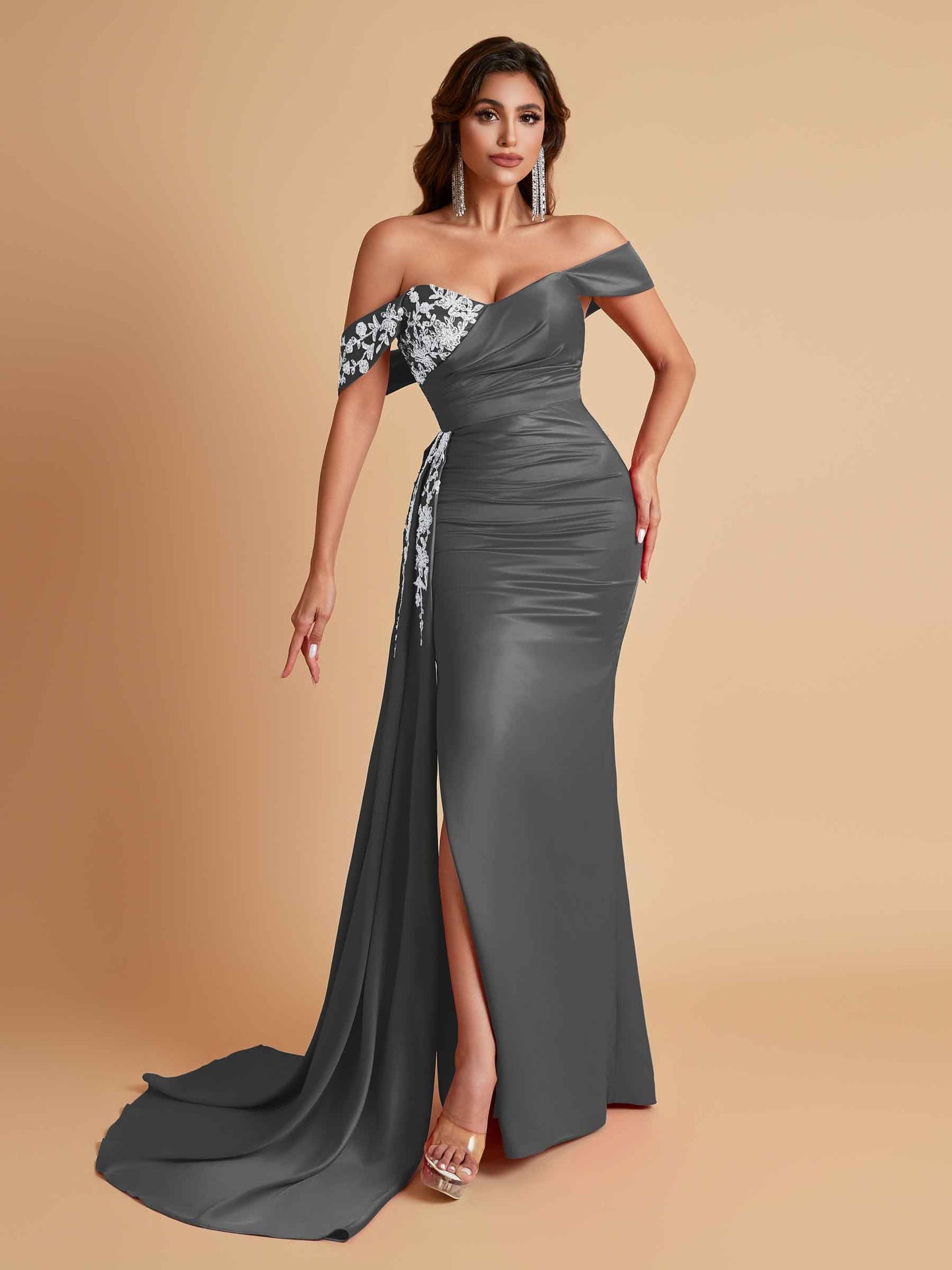 Elegant Soft Satin Mermaid Off Shoulder Floor-Length Mermaid Bridesmaid Dresses