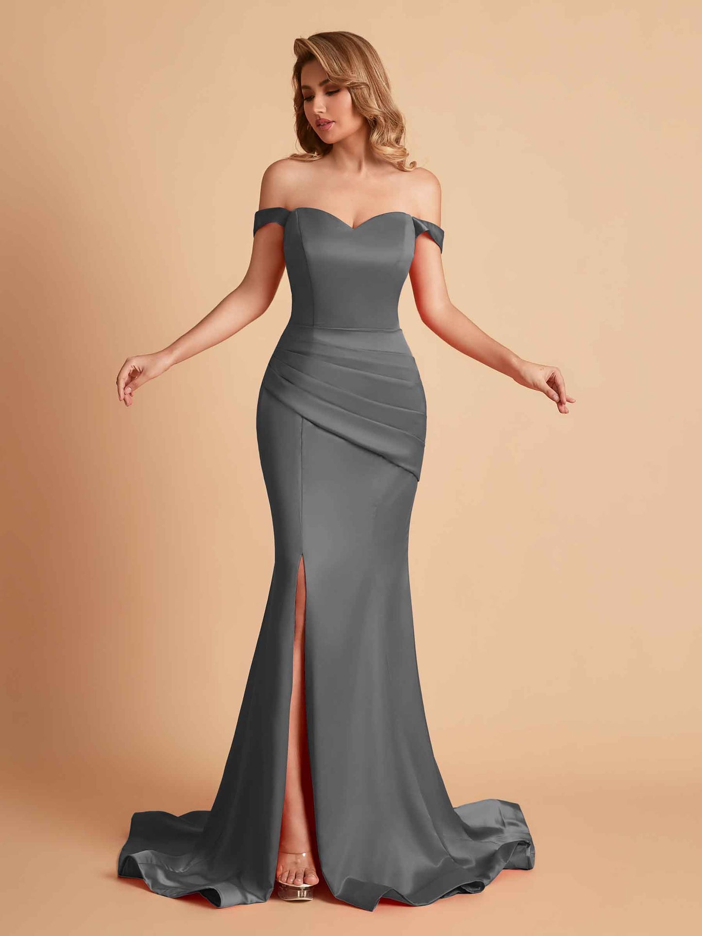 Elegant Satin Off the Shoulder Mermaid Side Slit Floor Length Bridesmaid Dresses