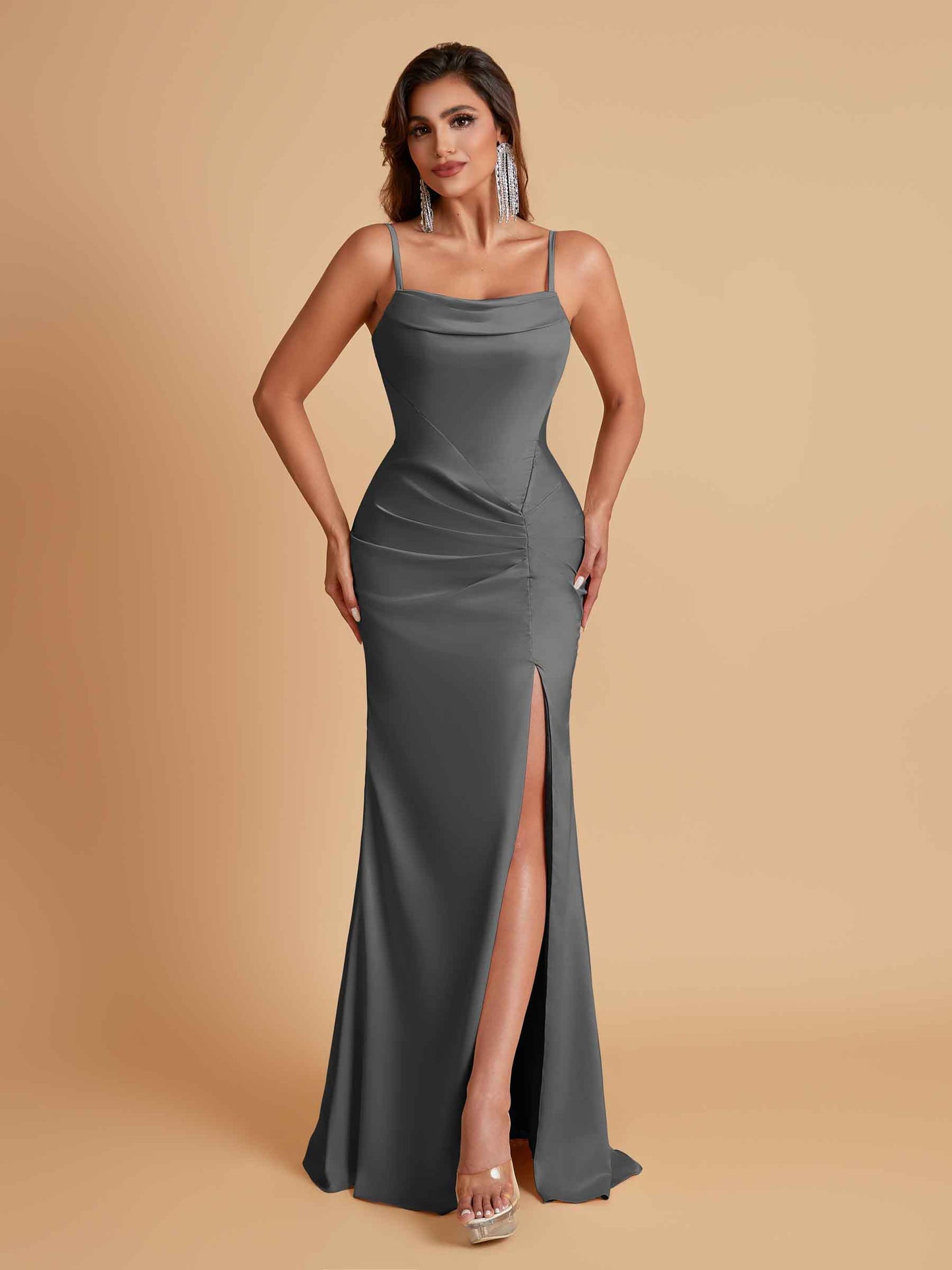 Gorgeous Spaghetti Straps Soft Satin Side Slit Floor-Length Mermaid Bridesmaid Dresses