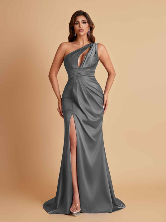 Sexy One Shoulder Soft Satin Side Slit Floor-Length Mermaid Bridesmaid Dresses