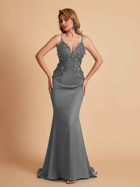 Sexy Satin Spaghetti Straps V-neck Mermaid Floor Length Applique Bridesmaid Dresses