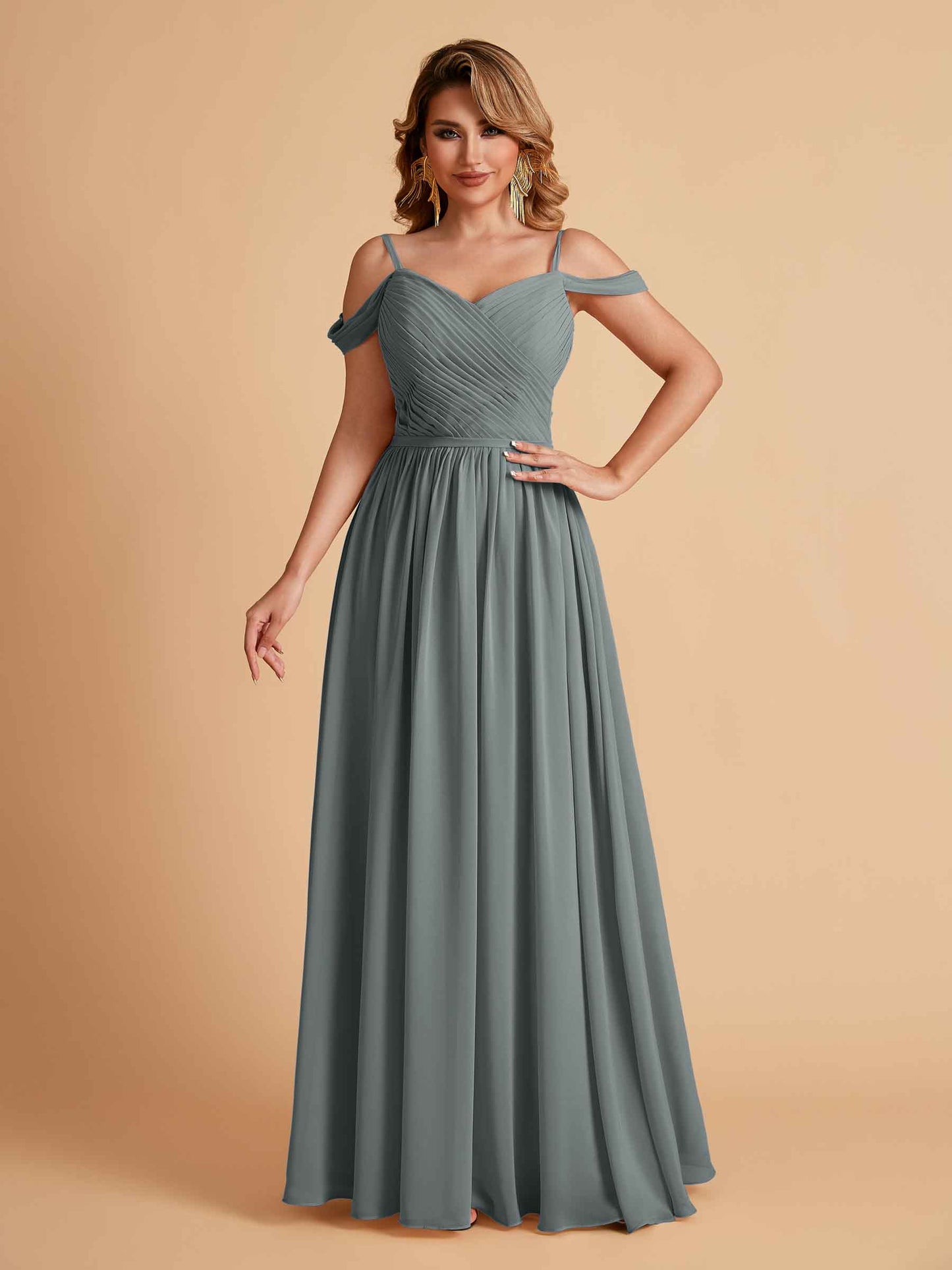 Elegant A-line Chiffon Off The Shoulder V-Neck Bridesmaid Dresses Online