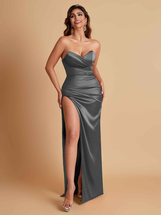 Soft Satin Elegant V-neck Strapless Split Side Mermaid Bridesmaid Dresses