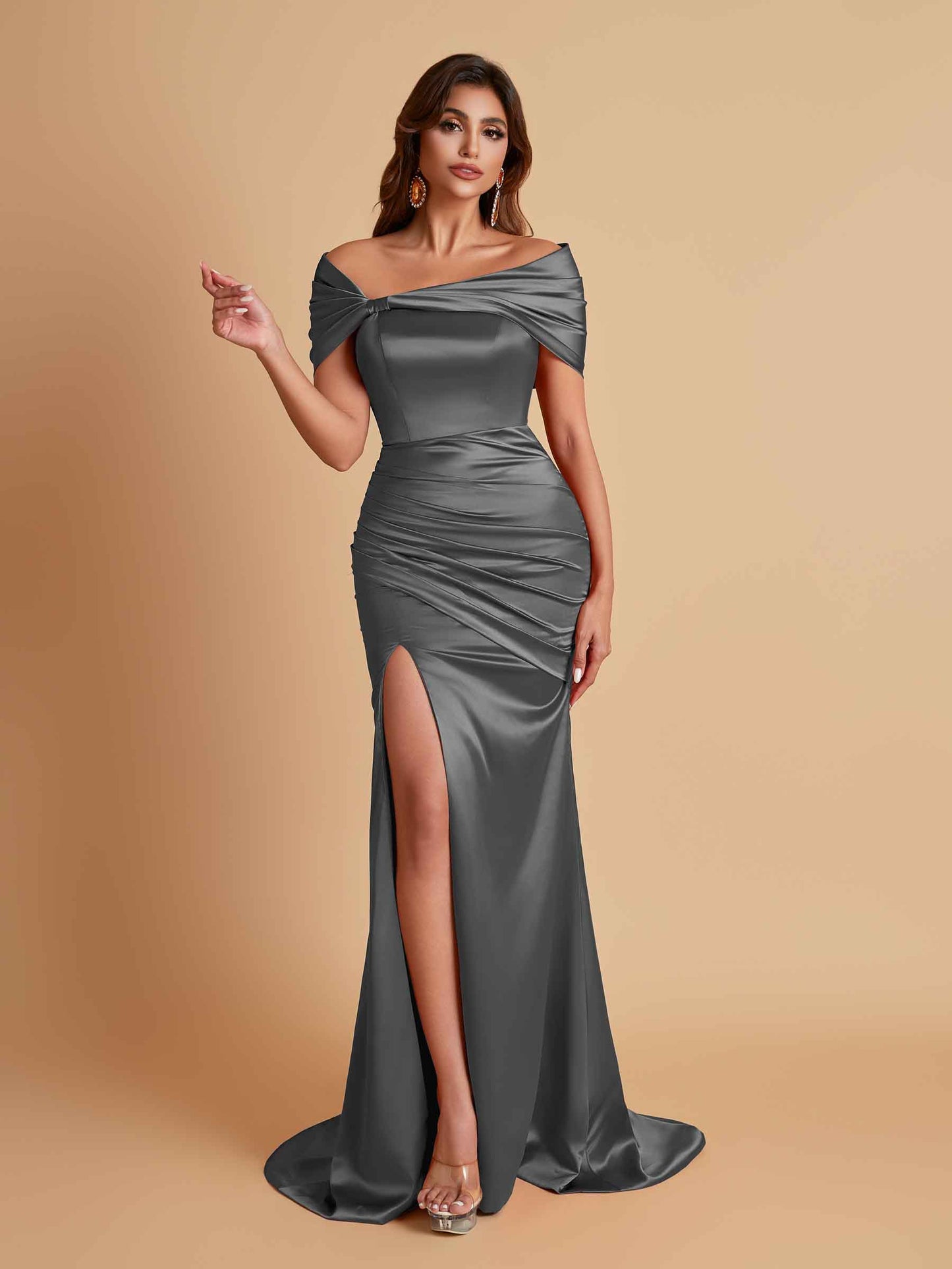 Elegant Soft Satin Off-the-shoulder Side-Slit Mermaid Bridesmaid Dresses