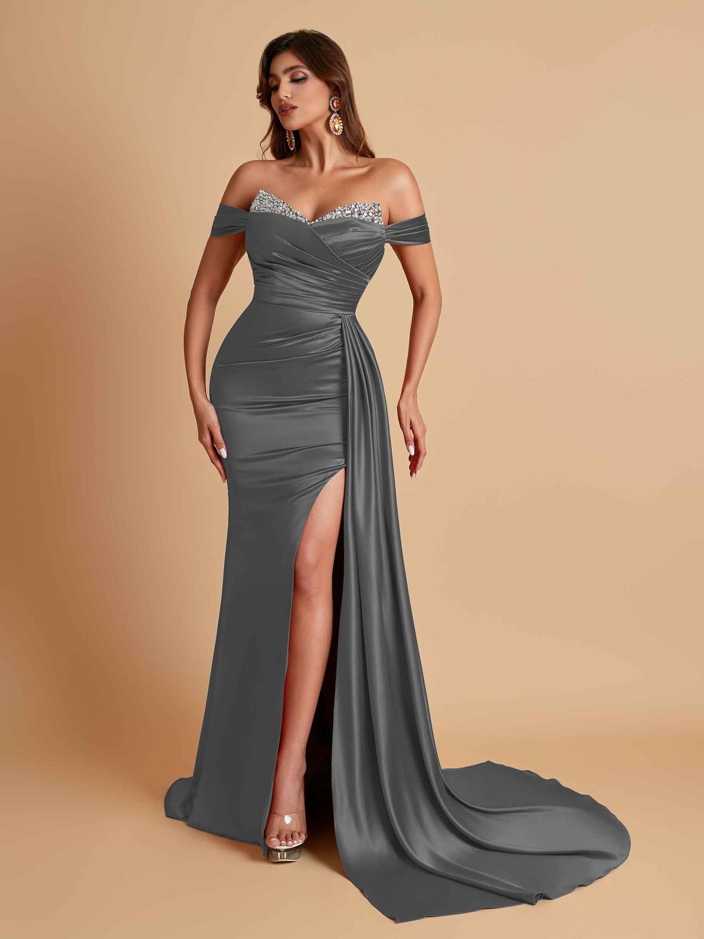 Gorgeous Soft Satin V-neck Off-the-Shoulder Side-Slit Mermaid Bridesmaid Dresses